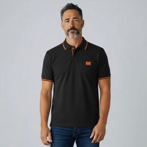 Hermes Paris Polo Shirt Mens Small Black Orange Trim Cotton Lycra Logo Casual